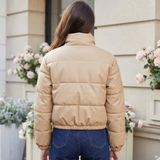 Women's Cropped Leather-Look Puffer Jacket – Khaki – alternate model view