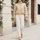 Women's Cropped Leather-Look Puffer Jacket – Khaki – full-body on model
