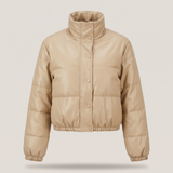 Women's Cropped Leather-Look Puffer Jacket – Khaki – front product view