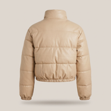 Women's Cropped Leather-Look Puffer Jacket – Khaki – rear or detail product view