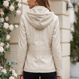 Women's Hooded Faux Leather Jacket with Zip Pockets – Apricot – alternate model view