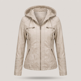 Women's Hooded Faux Leather Jacket with Zip Pockets – Apricot – front product view