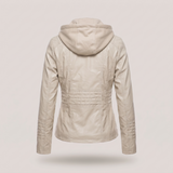 Women's Hooded Faux Leather Jacket with Zip Pockets – Apricot – rear or detail product view