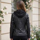 Women's Hooded Faux Leather Jacket with Zip Pockets – Black – alternate model view