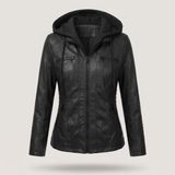 Women's Hooded Faux Leather Jacket with Zip Pockets – Black – front product view