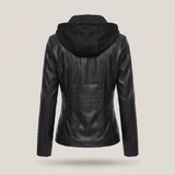 Women's Hooded Faux Leather Jacket with Zip Pockets – Black – rear or detail product view