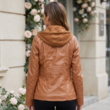 Women's Hooded Faux Leather Jacket with Zip Pockets – Brown – alternate model view