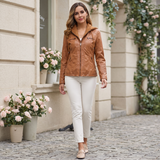 Women's Hooded Faux Leather Jacket with Zip Pockets – Brown – full-body on model