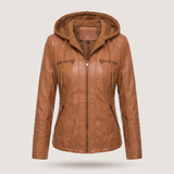Women's Hooded Faux Leather Jacket with Zip Pockets – Brown – front product view