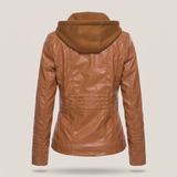 Women's Hooded Faux Leather Jacket with Zip Pockets – Brown – rear or detail product view