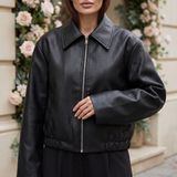 Women's Relaxed Leather-Look Zip Bomber Jacket – Black – front on model