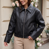 Women's Relaxed Leather-Look Zip Bomber Jacket – Black – alternate model view