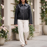 Women's Relaxed Leather-Look Zip Bomber Jacket – Black – full-body on model