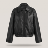 Women's Relaxed Leather-Look Zip Bomber Jacket – Black – front product view