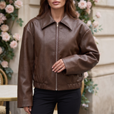 Women's Relaxed Leather-Look Zip Bomber Jacket – Brown – front on model