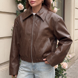 Women's Relaxed Leather-Look Zip Bomber Jacket – Brown – alternate model view