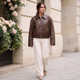 Women's Relaxed Leather-Look Zip Bomber Jacket – Brown – full-body on model