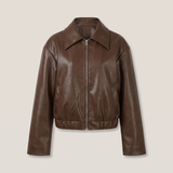 Women's Relaxed Leather-Look Zip Bomber Jacket – Brown – front product view