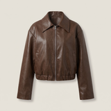 Women's Relaxed Leather-Look Zip Bomber Jacket – Brown – rear or detail product view