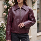 Women's Relaxed Leather-Look Zip Bomber Jacket – Wine Red – front on model