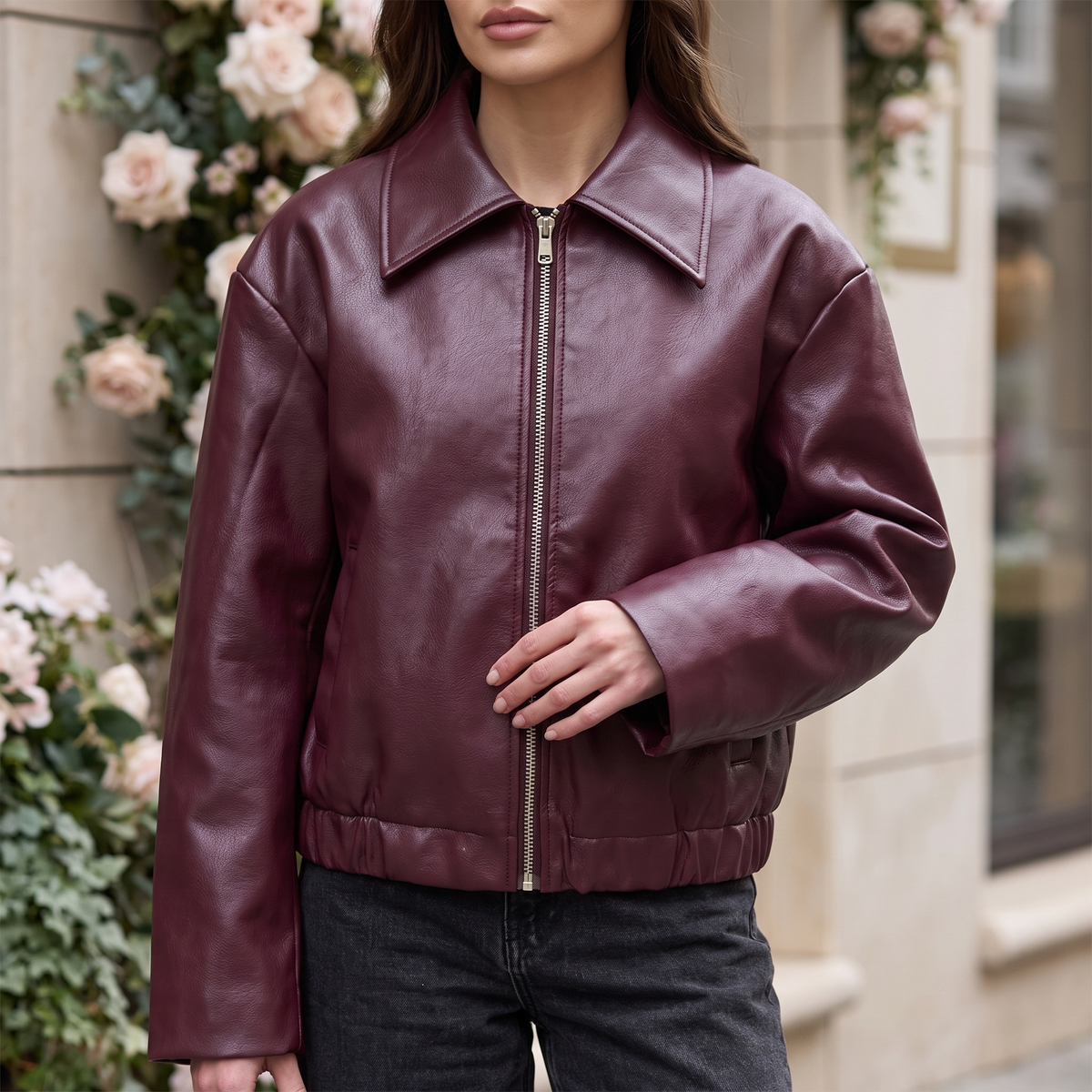 Women's Relaxed Leather-Look Zip Bomber Jacket – Wine Red – front on model