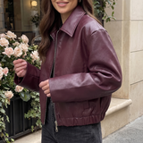 Women's Relaxed Leather-Look Zip Bomber Jacket – Wine Red – alternate model view