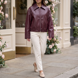 Women's Relaxed Leather-Look Zip Bomber Jacket – Wine Red – full-body on model