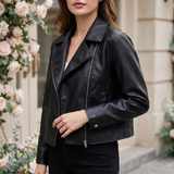 Women's Cropped Faux Leather Zip Jacket – Black – front on model