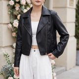 Women's Cropped Faux Leather Zip Jacket – Black – alternate model view