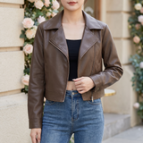 Women's Cropped Faux Leather Zip Jacket – Coffee – front on model