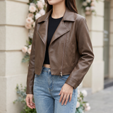 Women's Cropped Faux Leather Zip Jacket – Coffee – alternate model view