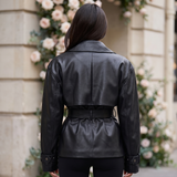 Women's Belted Faux Leather Short Trench Jacket in Black – back on model