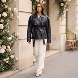 Women's Belted Faux Leather Short Trench Jacket in Black – full-length styling