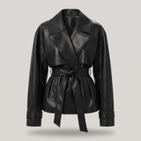 Women's Belted Faux Leather Short Trench Jacket in Black – front product view