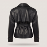 Women's Belted Faux Leather Short Trench Jacket – Black – rear or detail product view