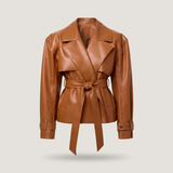 Women's Belted Faux Leather Short Trench Jacket in Brown – front product view