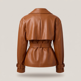 Women's Belted Faux Leather Short Trench Jacket in Brown – back product view