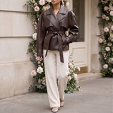 Women's Belted Faux Leather Short Trench Jacket in Coffee Brown – full-length styling