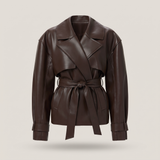 Women's Belted Faux Leather Short Trench Jacket in Coffee Brown – front product view