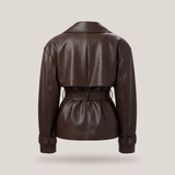 Women's Belted Faux Leather Short Trench Jacket in Coffee Brown – back product view