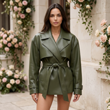 Women's Belted Faux Leather Short Trench Jacket – Olive Green – front on model