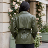 Women's Belted Faux Leather Short Trench Jacket – Olive Green – alternate model view
