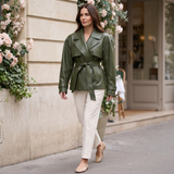 Women's Belted Faux Leather Short Trench Jacket – Olive Green – full-body on model