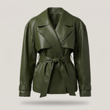 Women's Belted Faux Leather Short Trench Jacket – Olive Green – front product view