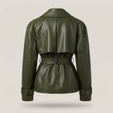 Women's Belted Faux Leather Short Trench Jacket – Olive Green – rear or detail product view