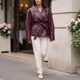 Women's Belted Faux Leather Short Trench Jacket in Purple Red – full-length styling