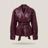 Women's Belted Faux Leather Short Trench Jacket in Purple Red – front product view
