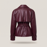 Women's Belted Faux Leather Short Trench Jacket in Purple Red – back product view
