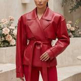 Women's Belted Faux Leather Short Trench Jacket – Red – front on model