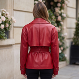 Women's Belted Faux Leather Short Trench Jacket – Red – alternate model view